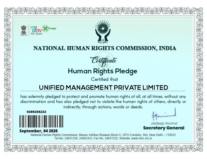 Certificate from National Human Rights Commission, India